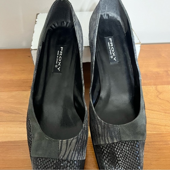 Proxy Suede Leather Heels Women 8 Square Toe Patchwork Zebra Snake Black - Picture 4 of 7